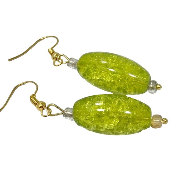 Murano Style Art Glass Bead Earrings Lime Green Gold Plated Crackled Glass Balls - Picture 4 of 6